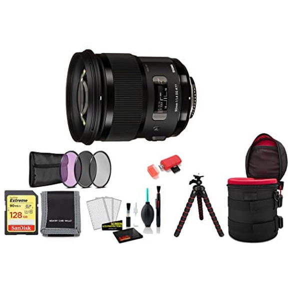Sigma 50mm F/1.4 DG HSM Art Lens for Nikon F (311306) F Mount (International Model) - Bundle with 128GB Memory Card, Tripod, Filter Kit and More