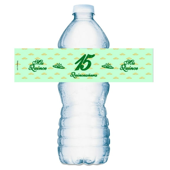 20 Quinceanera Water Bottle Labels, Mis Quince Waterproof Water Bottle Wrappers, Stickers for 15 Birthday Party Decorations (Green)