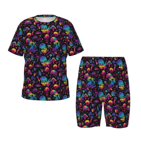 Luyuia mushroom colorful Skull Print Girls  2-Piece Tie-Dye Pajama Set  Cute Summer Loungewear with Shirt and Tank Shorts Nightwear-Large