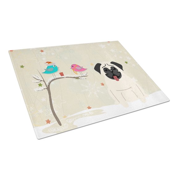 Caroline's Treasures Christmas Presents between Friends Pug Cream Glass Cutting Board Large