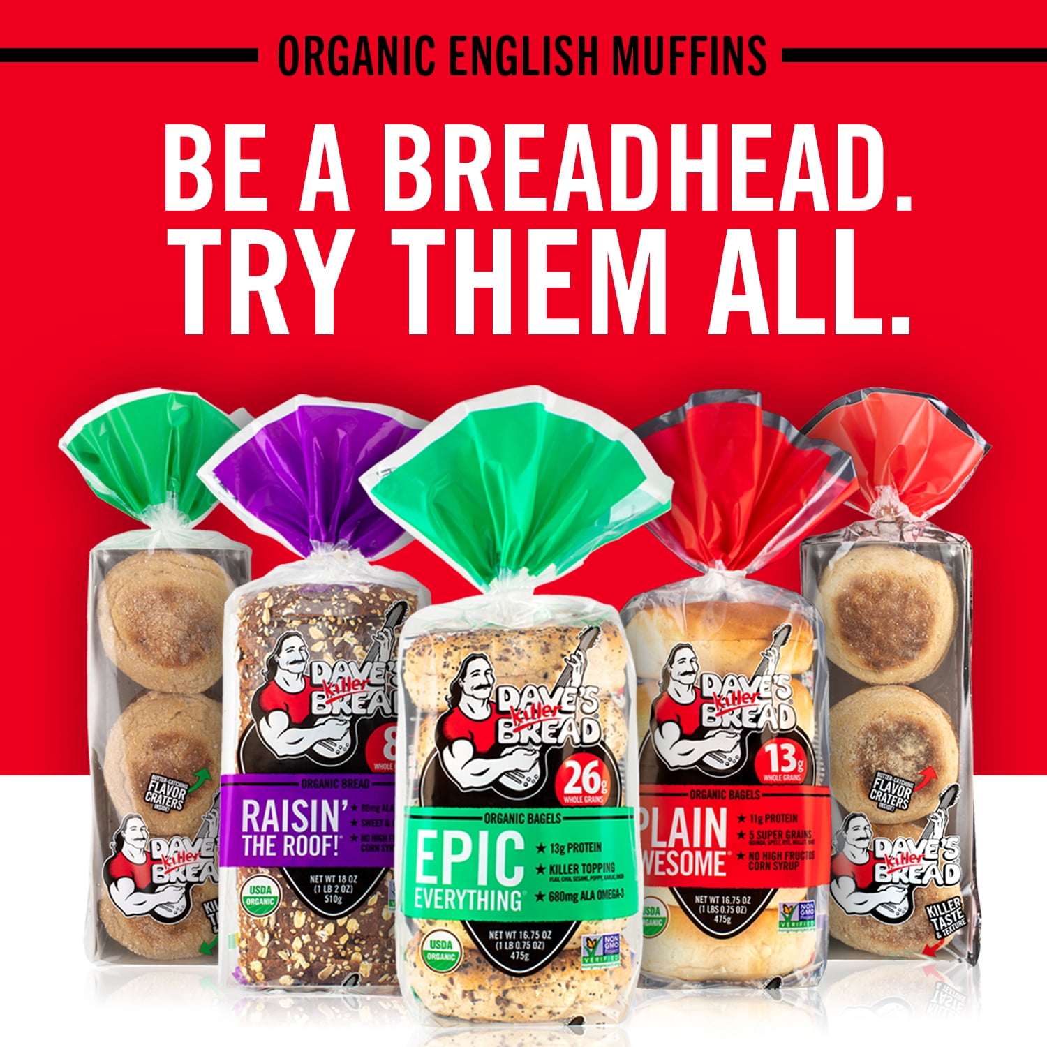 Dave's Killer, Bread Rockin' Grains English Muffins, Organic Whole Grain English Muffins, 6 Count