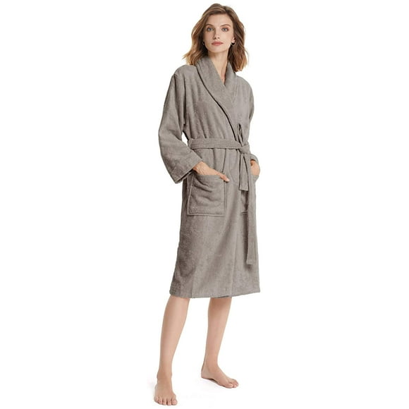 Women's Robe Terry Cloth Bathrobe Cotton Soft Warm Shawl Collar Housecoat Calf Length Sleepwear with Pockets
