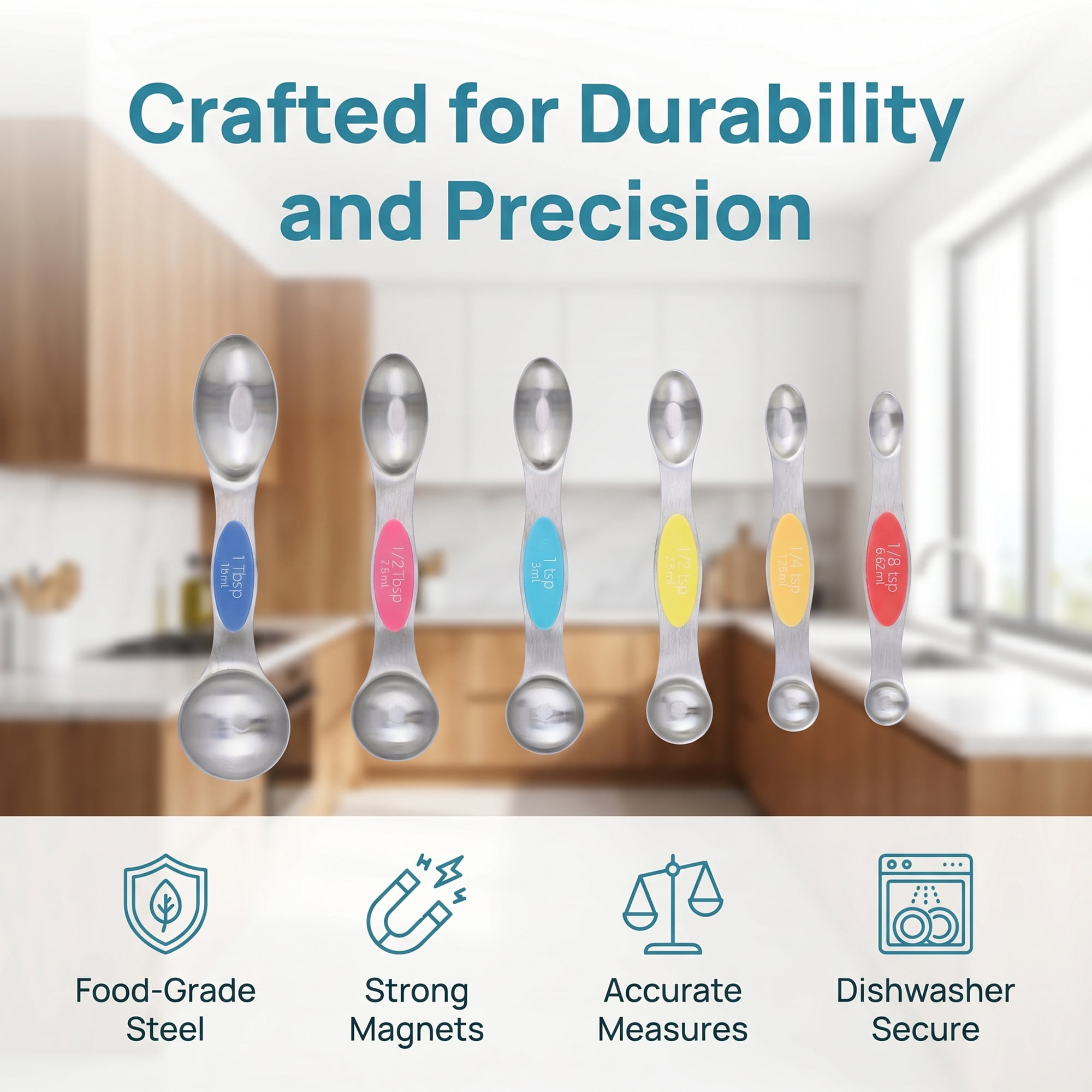 Unique Bargains Stainless Steel Magnetic Measuring Spoons for Easy Storage Colorful 6Pcs