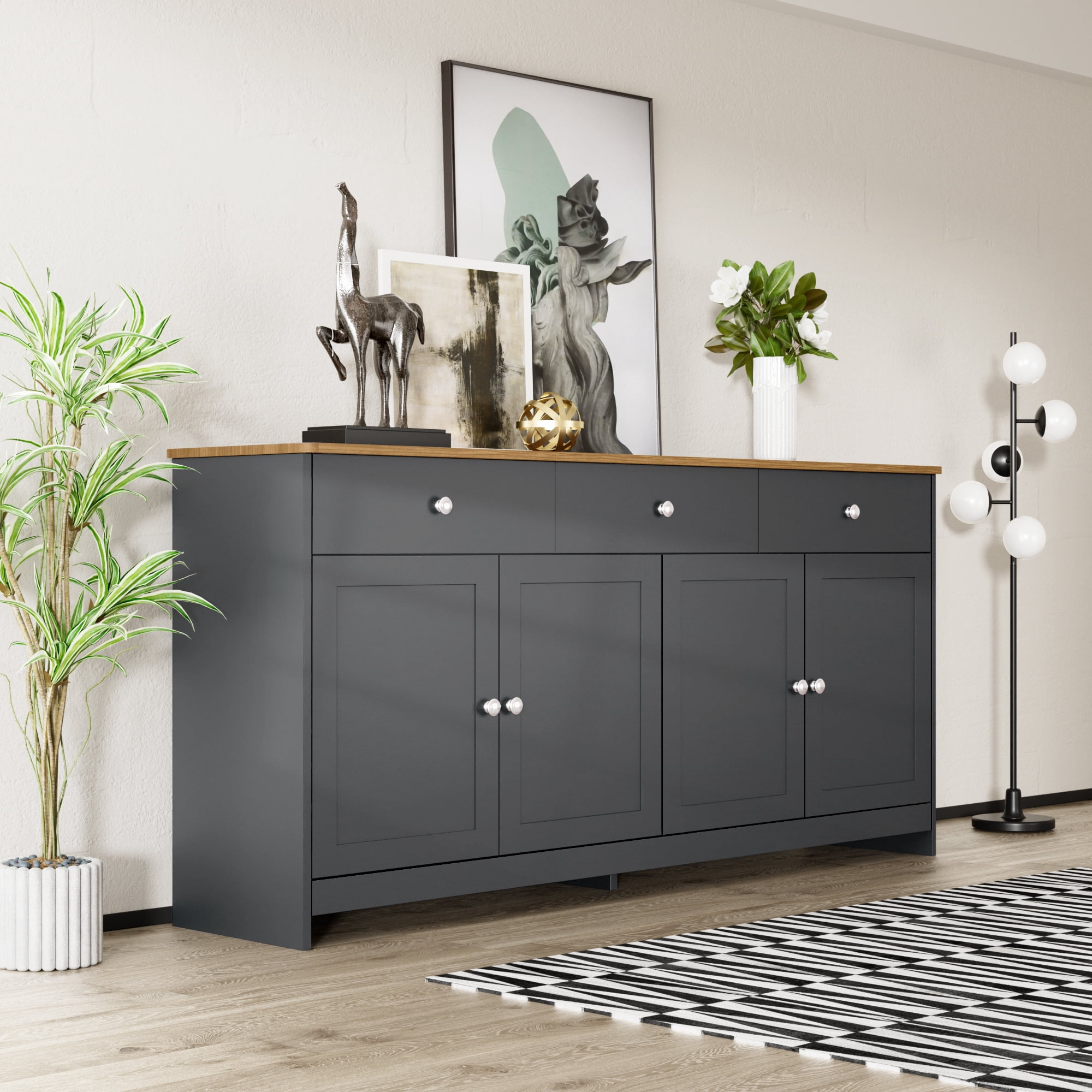Noble House Buffet avec Grain de Bois Gris-Noir, 4 Portes et 3 Tiroirs, Ton Bois et Gris-Noir pour Salon/salle à Manger