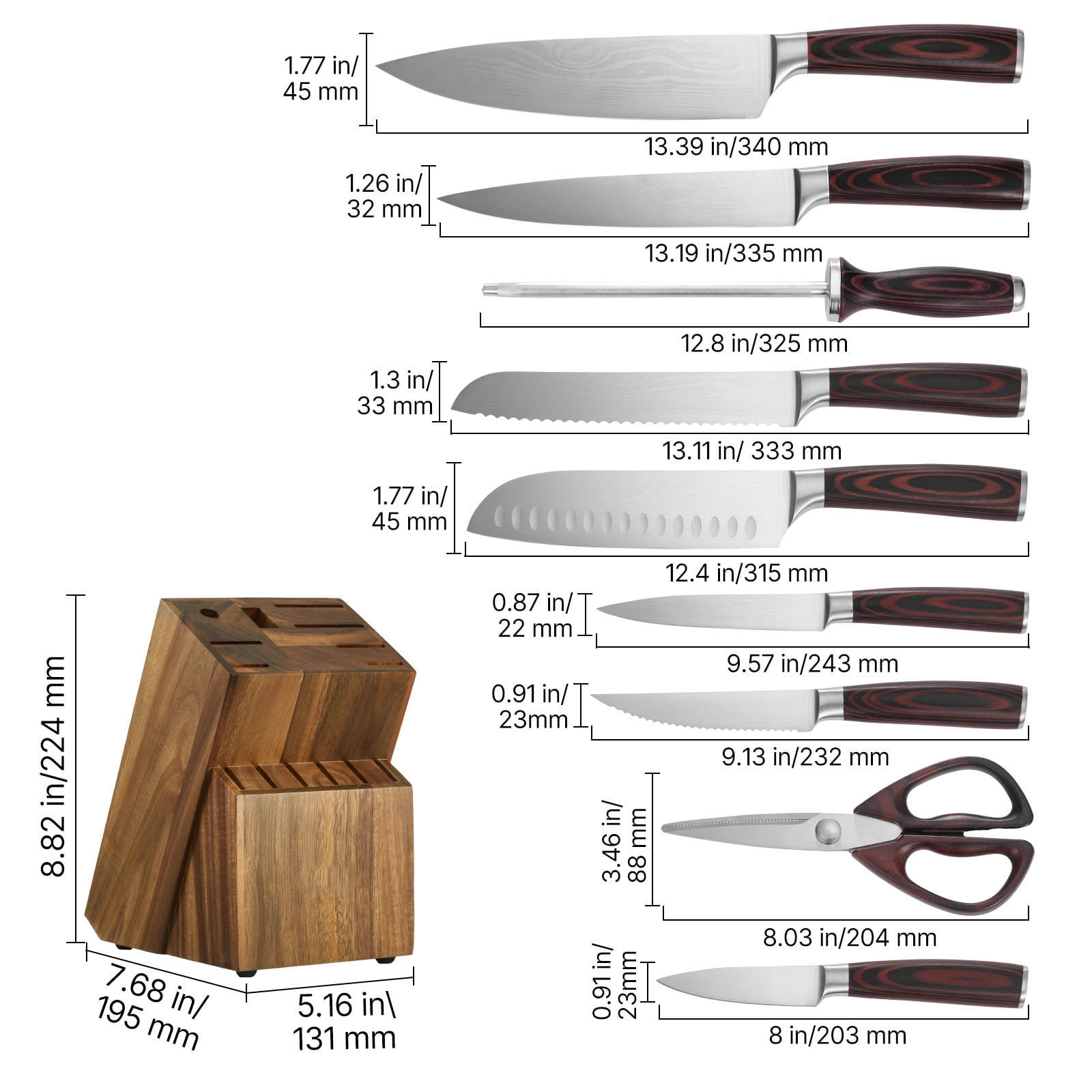 KFFKFF 15-Piece High Carbon Stainless Steel Knife Set with Wooden Block and Sharpener, Durable Kitchen Cutlery Featuring Ergonomic Handles, Rust-Resistant Design, Sharpening Rod, Ideal for Home Use
