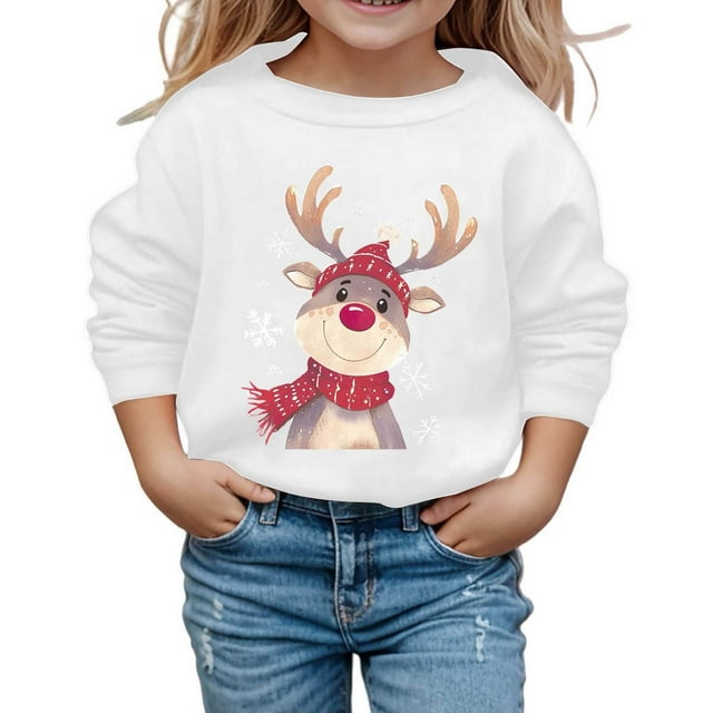 Wdgfv Chandail à Col Rond à Manches Longues pour Filles, Doux et Décontracté, Haut à Enfiler pour la Saison des Fêtes, Tenue Confortable, Blanc, 8-9 Ans