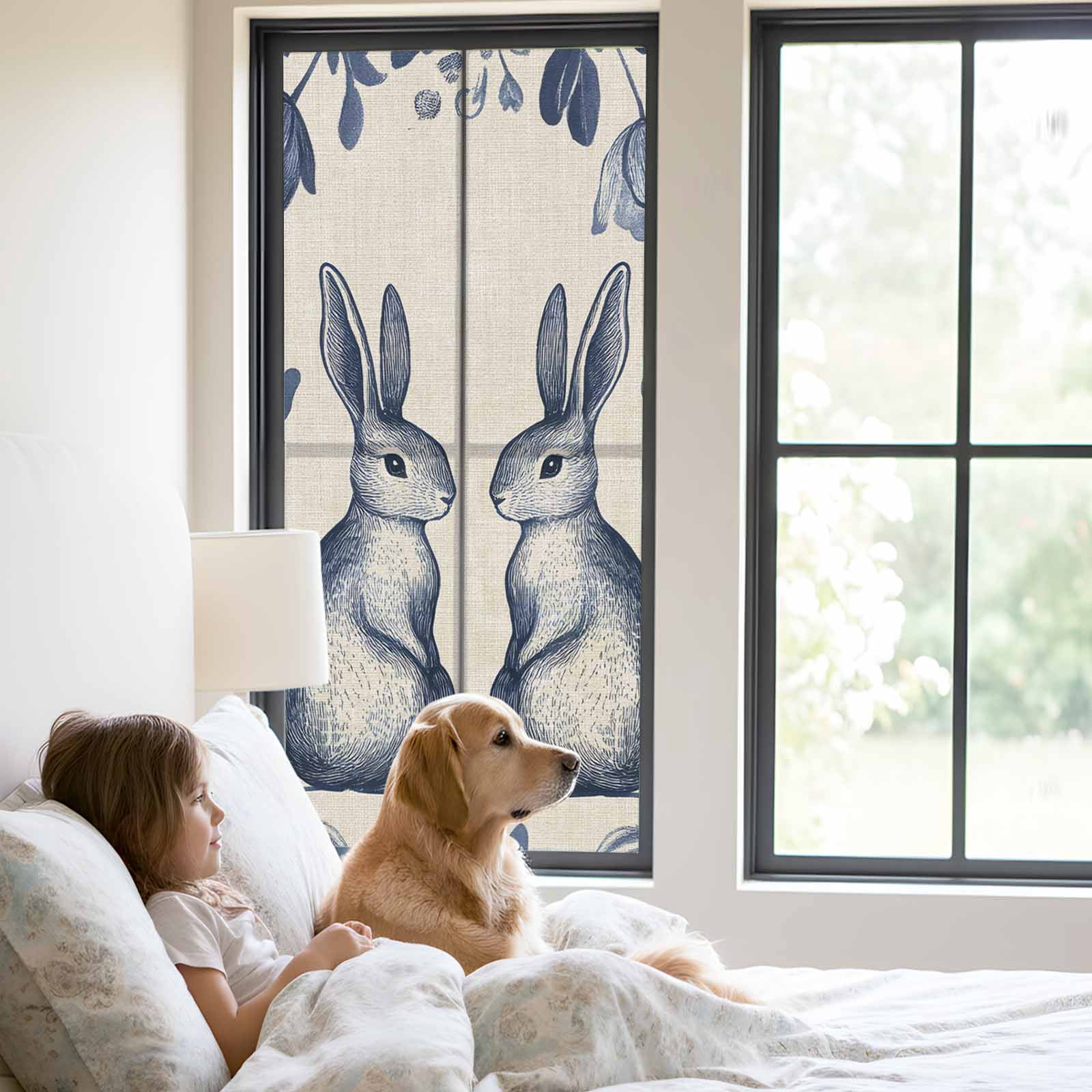 Easter Rabbits Window Privacy Film, Cute Blue Bunny Watercolor Boho Floral Leaf Linen Texture Frosted Glass Window Clings Static Cling UV Heat Blocking Reusable Sticker for Bedroom 29.5x78.7 Inch