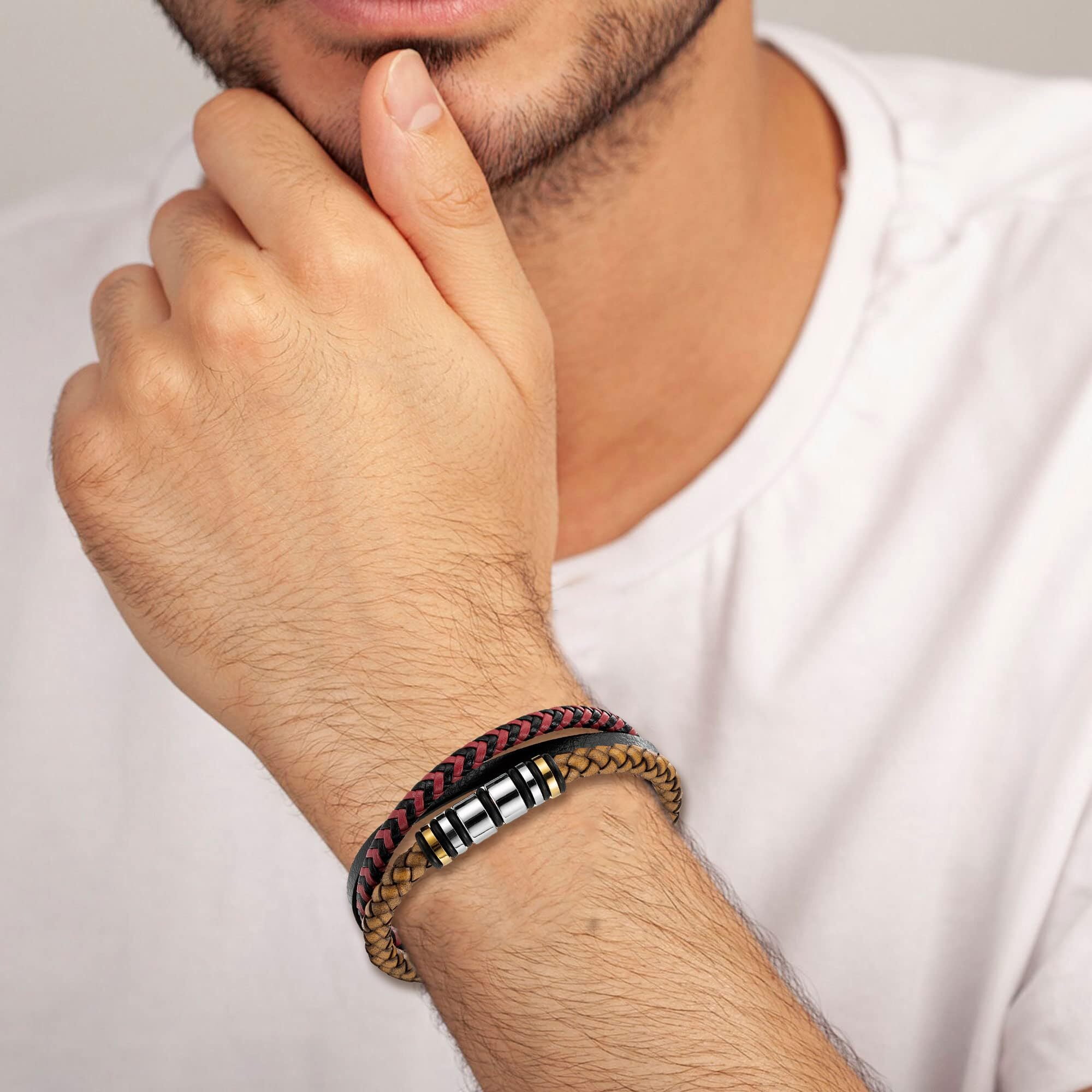 Inpasne Men's Leather Bracelet Braided Wristband Bangle Stainless Steel Bracelet Jewelry Gifts for Men Husband Dad