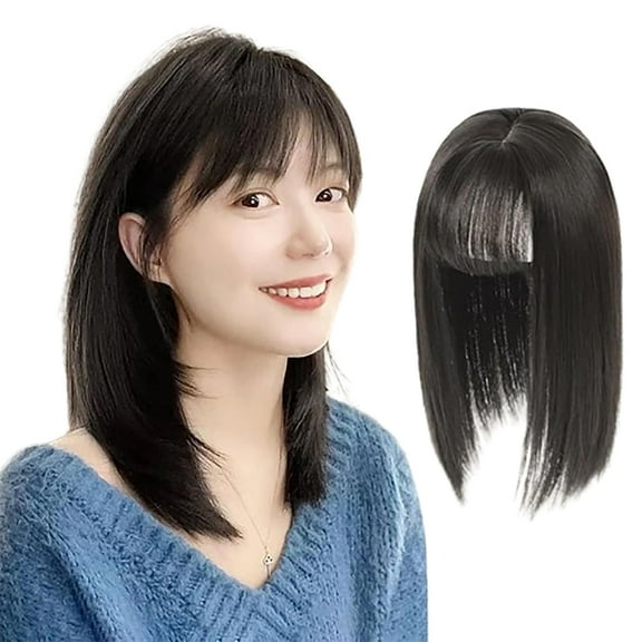 Make Hair Thicker Instantly-Air Bangs Hair Piece, Confideint/Curetoaway Clip in Bangs Real Human Hair, Clip On Bangs for Women, Receding Hairline Band Women, Fake Bangs(Black-35cm/13.78in)