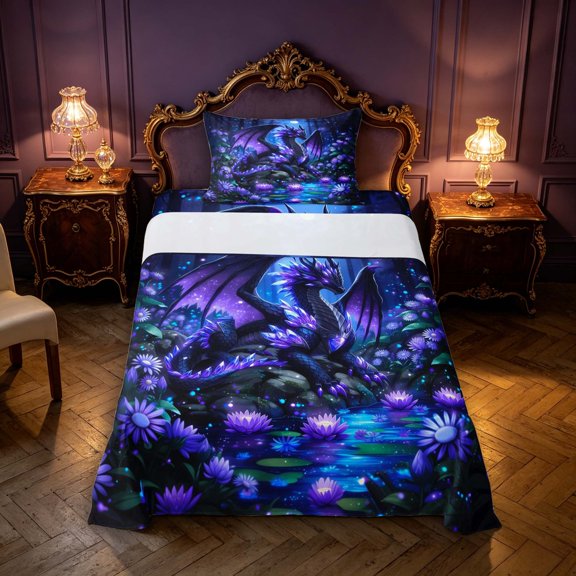 Manfei Gothic Dark Dragon Animals Twin Sheets,Vintage Trees Water Lily Bedding,3 Pieces,1 Flat Sheet,1 Fitted Sheet and 1 Pillowcase