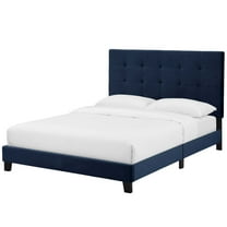 Contemporary Modern Urban Designer Bedroom King Size Platform Bed Frame, Velvet Fabric, Navy Blue