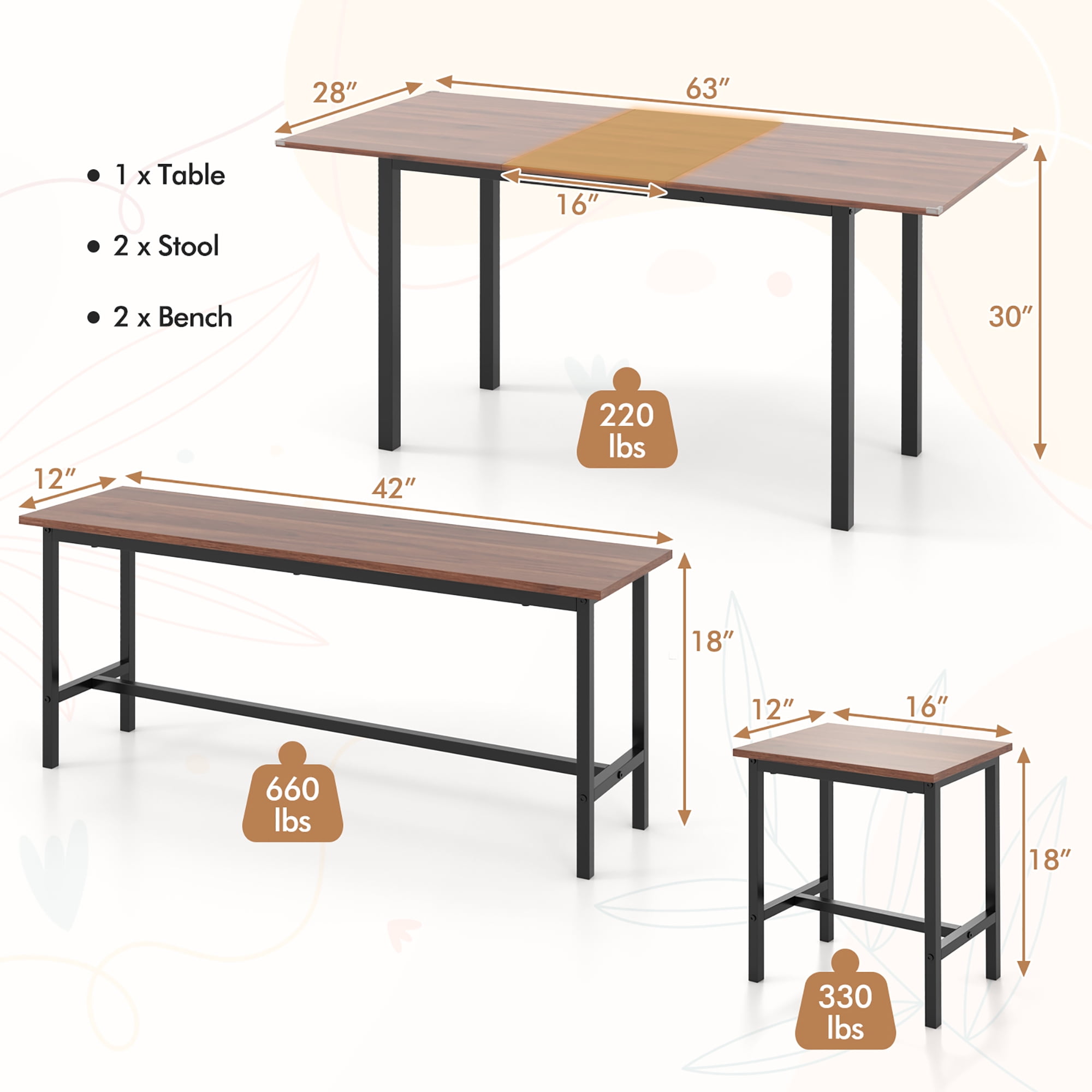 Gymax 5 PCS Dining Table Set for 4-6 w/ 2 Benches & 2 Stools Metal Frame Dining Room Walnut