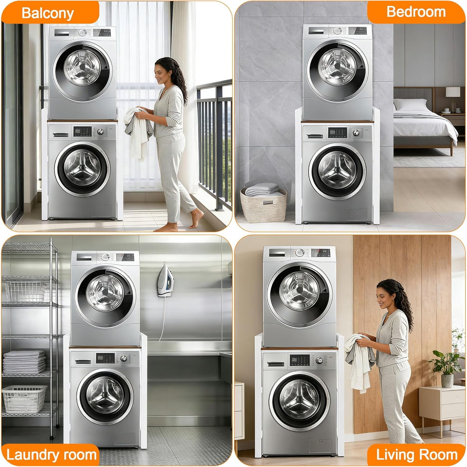 Washer Dryer Stacking Rack, 3 Height Adjustable Laundry Shelf, 300KG Load Capacity, White Storage Organizer for Bathroom
