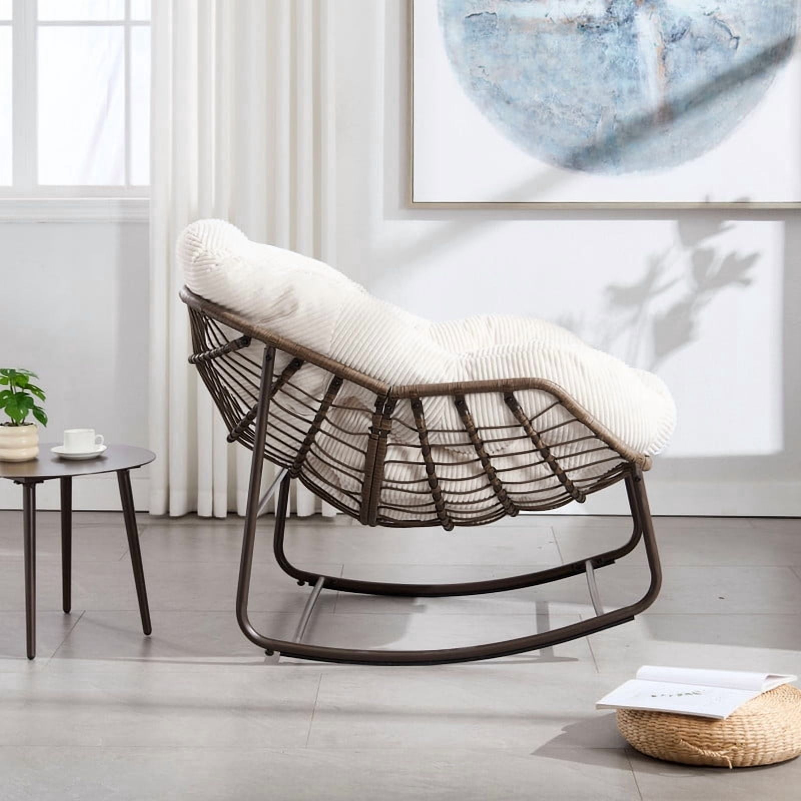 Howcool Patio Round Oversized Rocking Chair with Padded Cushion, Papasan Rattan Recliner Armless Chair