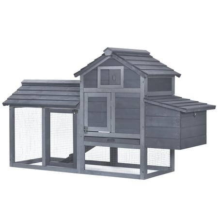 Gray PawHut 59" Small Wooden Chicken Coop with Nesting Box and Removable Tray