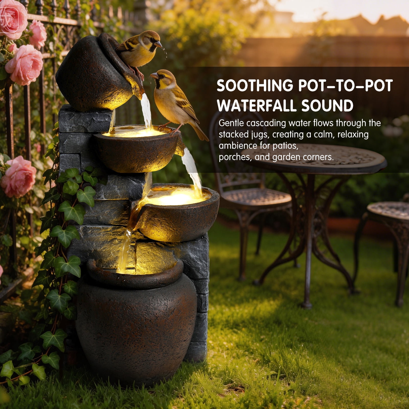 Mintazer 4 Tier Cascading Pots Waterfall Fountain with LED Lights, Outdoor Stone Look Garden Waterfall Fountain for Patio Porch Backyard