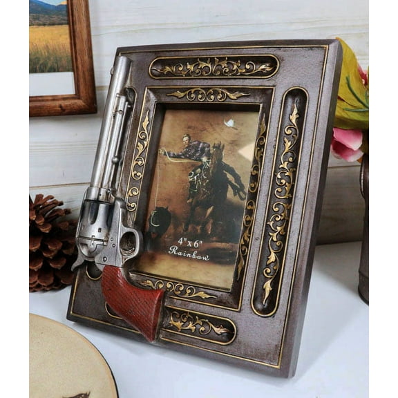 Rustic Western Revolver Gun Pistol Faux Wood 4"X6" Desktop Or Wall Picture Frame