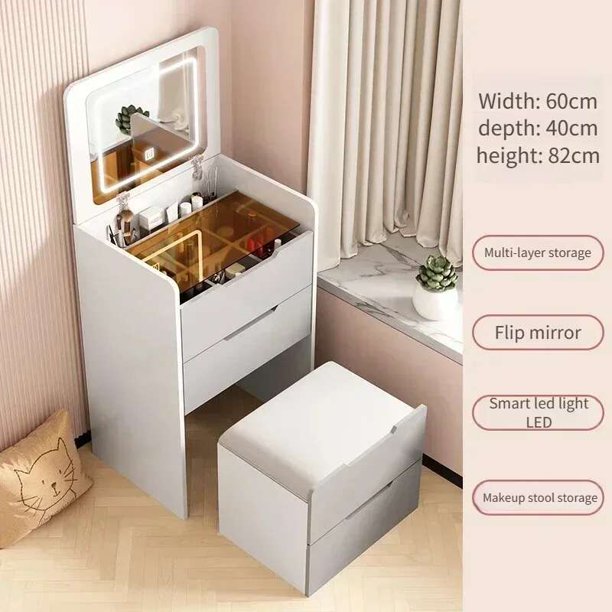 Tocador, mesa de maquillaje, gabinete de almacenamiento plegable, dormitorio, apartamento de tamaño pequeño, asiento y taburete integrados, mesita de noche