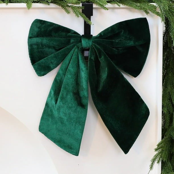 Adorno de terciopelo navideño para el adorno del árbol de lazos de terciopelo grande de 14"x13" Verde rojo | Decoración navideña colgante para ventana • Tela ignífuga • Bolsa plegable de
