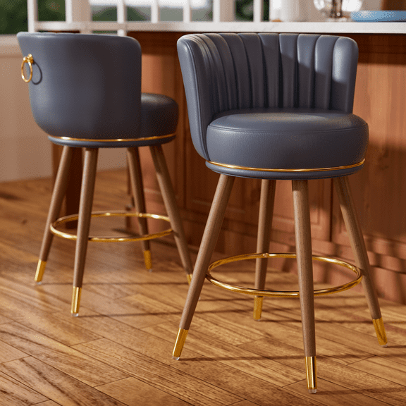 HomeZeer 26" Counter Height Bar Stools, Furniture Round Low Back Pedestal Bar Stool, PU Leather Swivel Bar Chair for Kitchen,Blue (Set of 2)