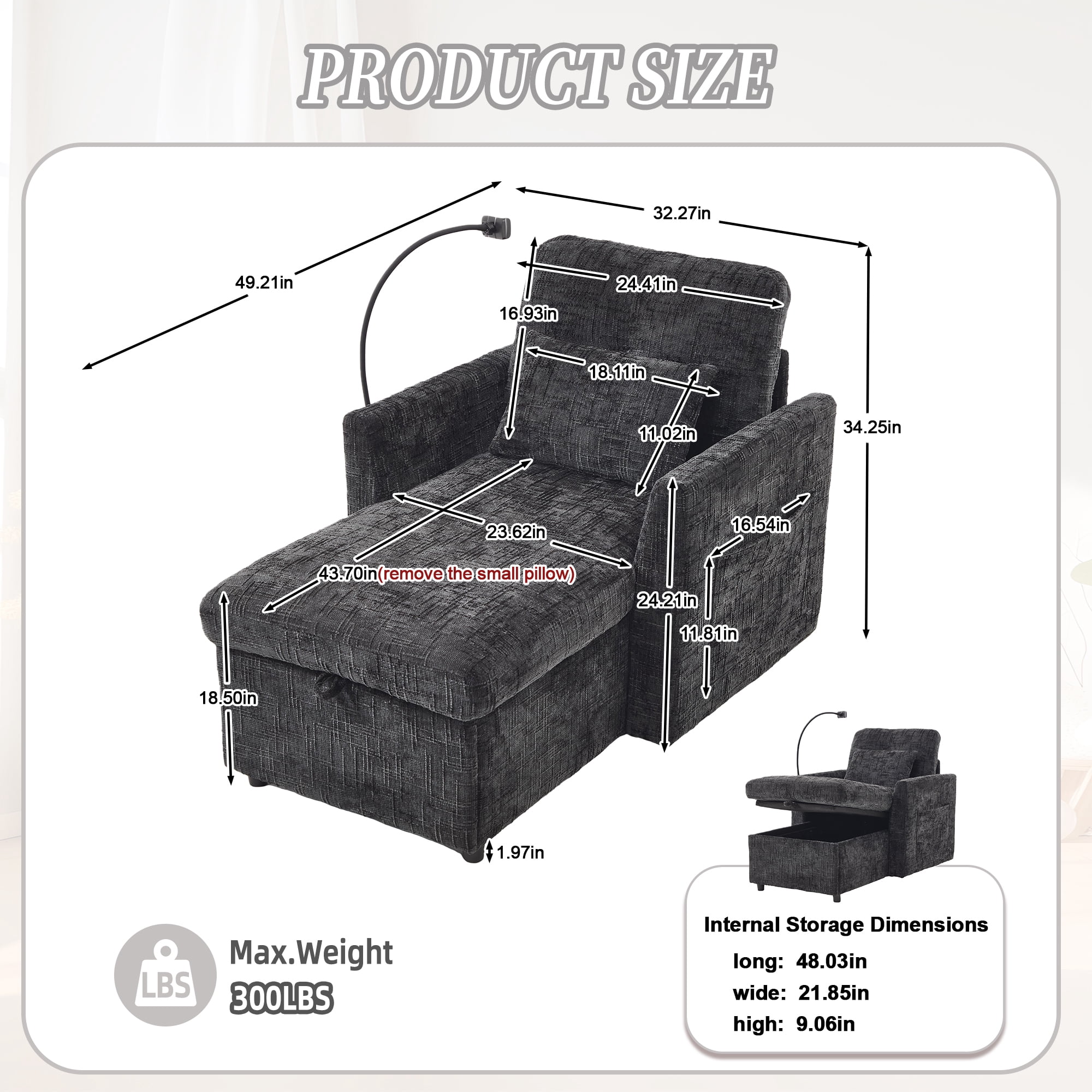 MOONMISS Chenille Upholstered Storage Lazy Single Leisure Chair Sofa with Phone Holder&Side Pocket-Black