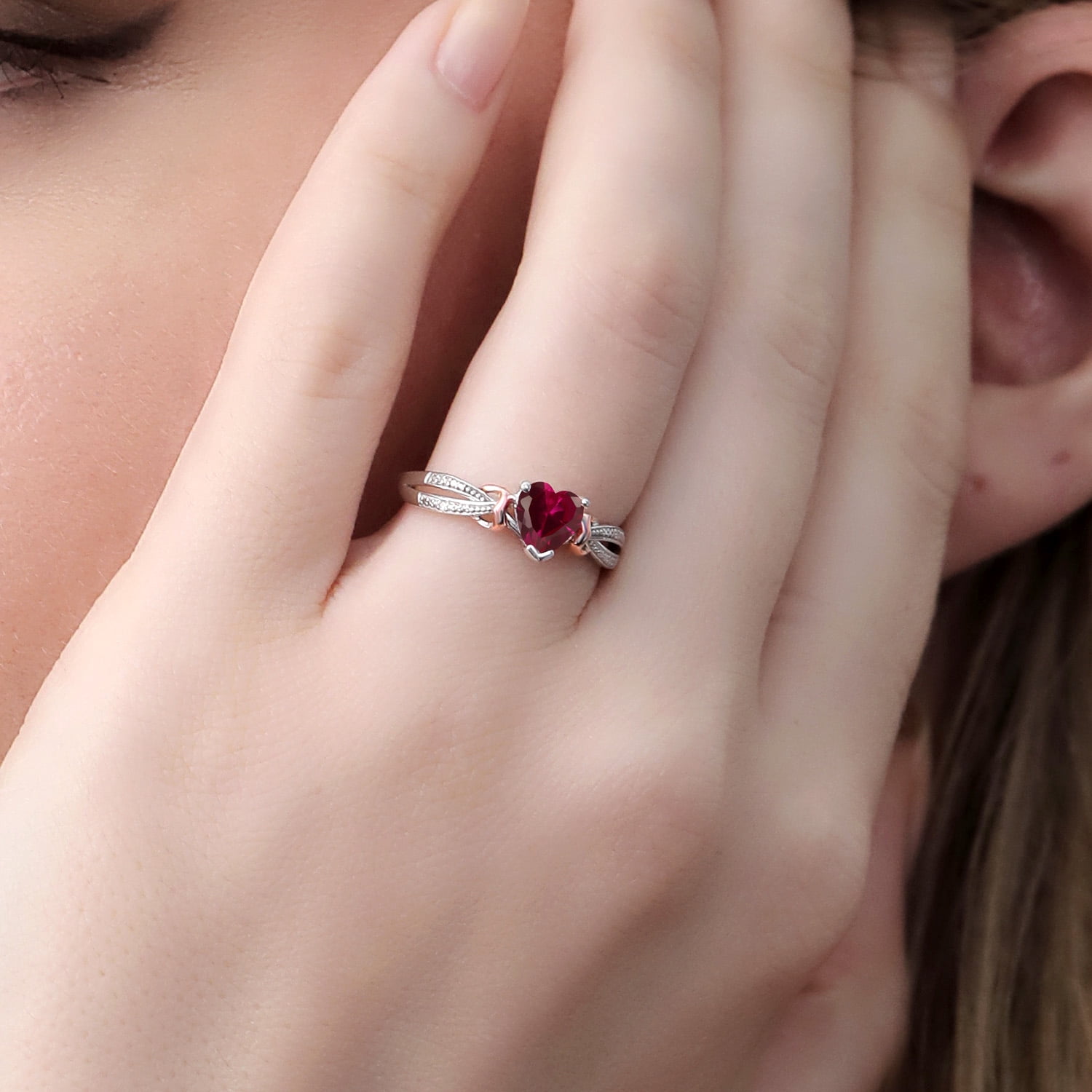 Gem Stone King 925 Silver and 10K Rose Gold Red Created Ruby and Diamond Ring (0.98 Cttw, Heart Shape 6MM, Available in Size 5, 6, 7, 8, 9)