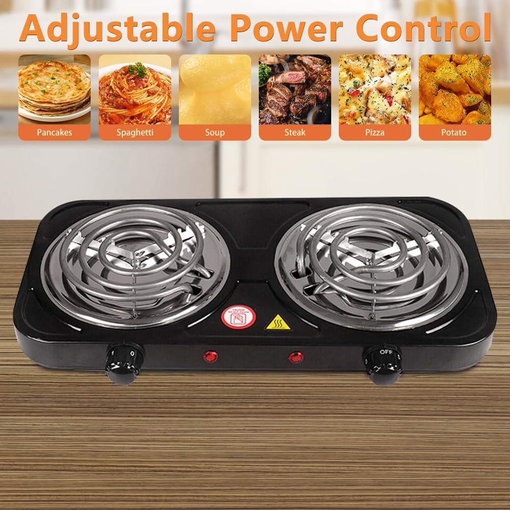 2000W Portable Electric Double Burner, Electric Hot Plate Kitchen Cooktop Cooking Stove Frying Pan and Easy to Clean for Home or Dorm, 5 Adjustable Temperatures, Black
