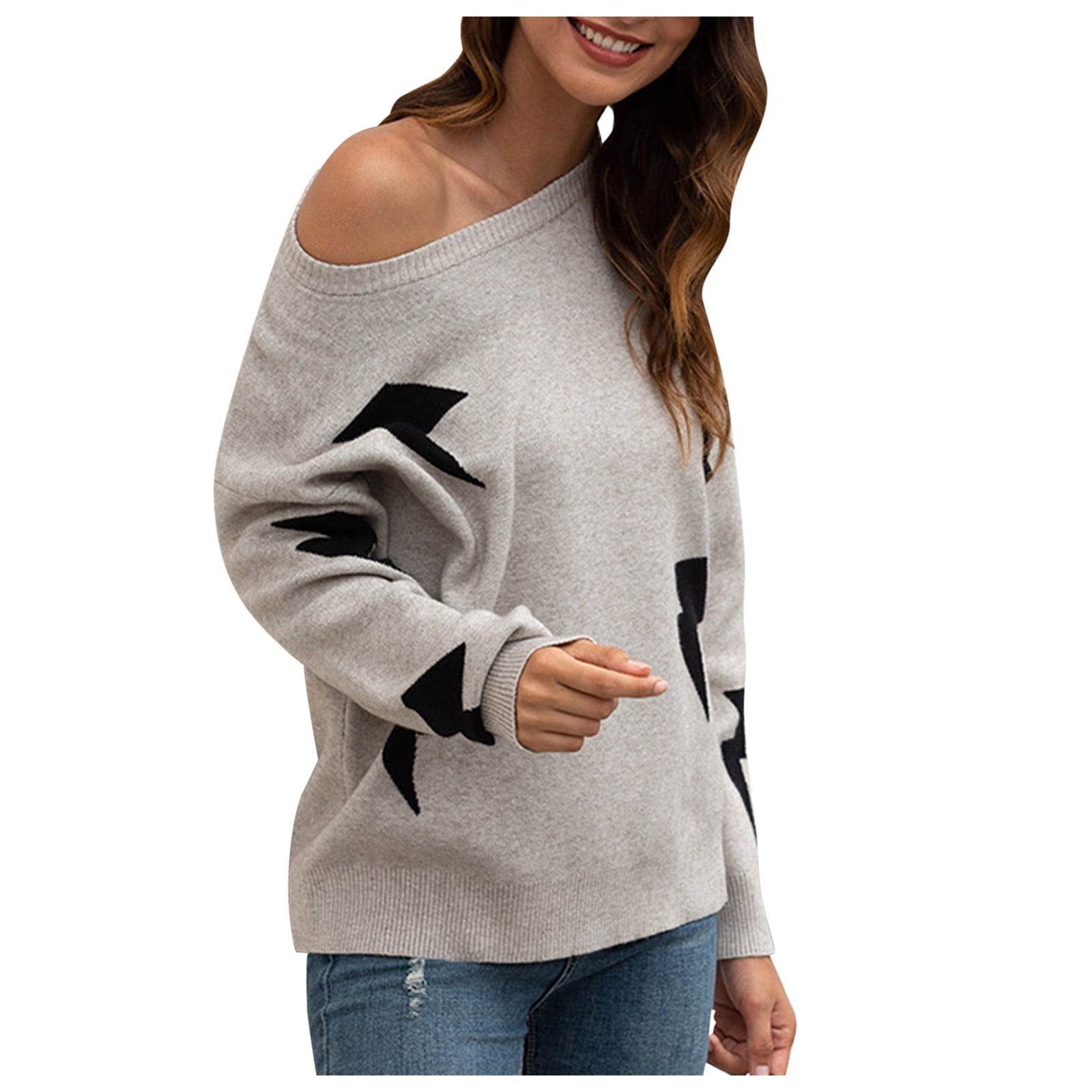 jovati Star Sweater Women Women Star Print Off Shoulder Round Neck Sweater Walmart