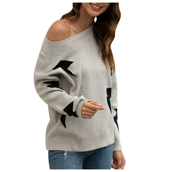 LYXSSBYX Women Fall Sweaters Dress for Women 2022 Hot Sale Clearance Women Star Print Off-Shoulder Round Neck Sweater
