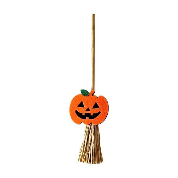 Mini Natural Wood Witch Broom Halloween Ornament, Tiny Tabletop Spooky Figurine, Seasonal Shelf Mantel Decor for Indoor Living Room, Party Counter And Tiered Tray Layout
