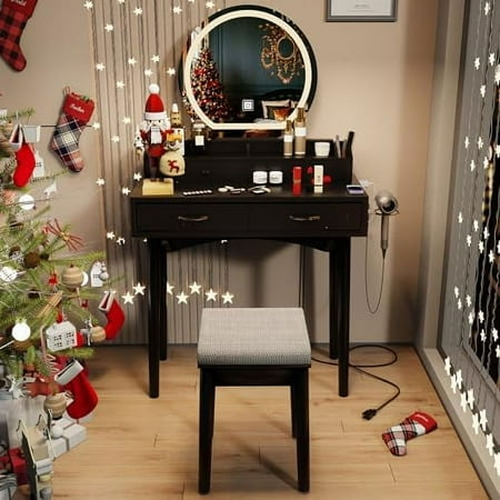

RUNFAYBIU Vanity with Lights Vanity Dressing Table with Stool & Charging Station Vanity Desk Set with 10 LED Light Bulbs & 3 Color Lighting Modes for Women Girls (White)