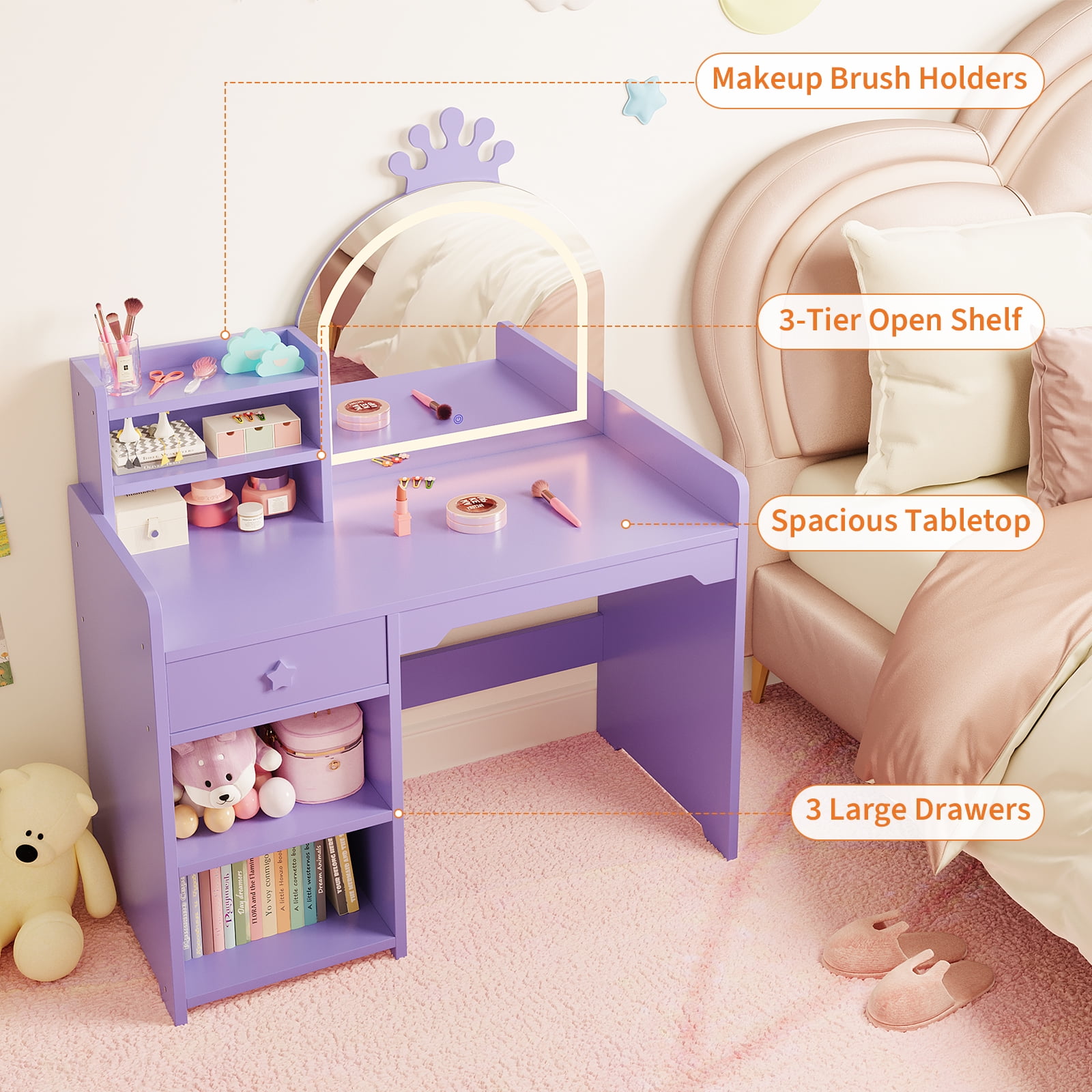 Kids Vanity Set with Lighted Princess Mirror Wooden Makeup Desk with Chair, Drawer & Open Shelves-Purple Dressing Table for Little Girls