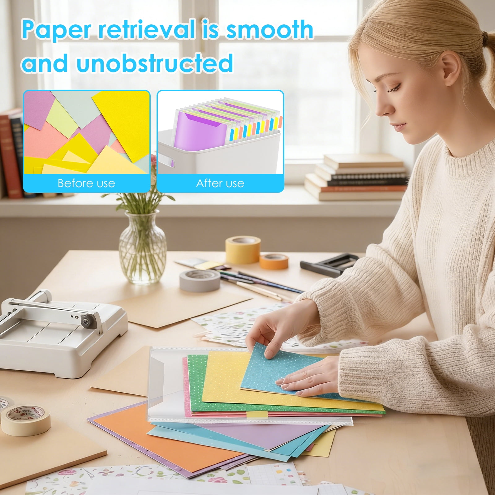 72PCS 9.06x12.09in Scrapbook Paper Storage Organizer, Cardstock Paper Holder with 120 PCS Sticky Index Tab, Clear Top Loading File Folder, Plastic Craft Storage Organizer for Vinyl Papers, Photos