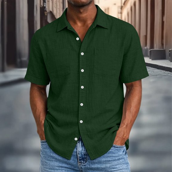 Men's Casual Short Sleeve Linen Blend Button-Down Shirt with Collar and Pockets