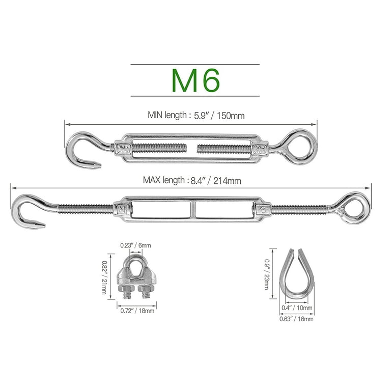 4PCS M6 Hook & Eye Turnbuckle 304 Stainless Steel Turnbuckle Wire