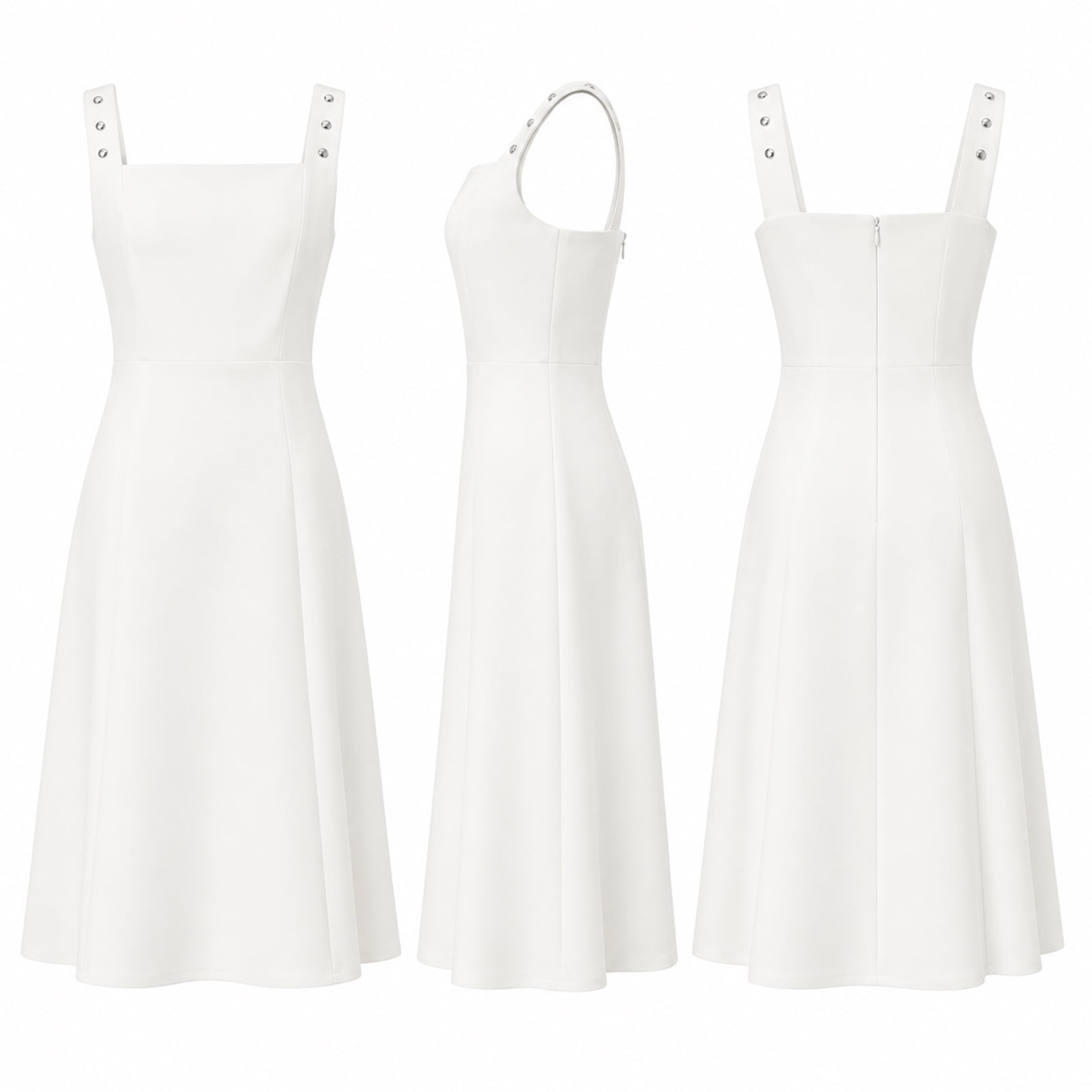 Alvantor Summer Dresses for Women, Sleeveless Square Neck Fit and Flare Midi Dress, Ivory