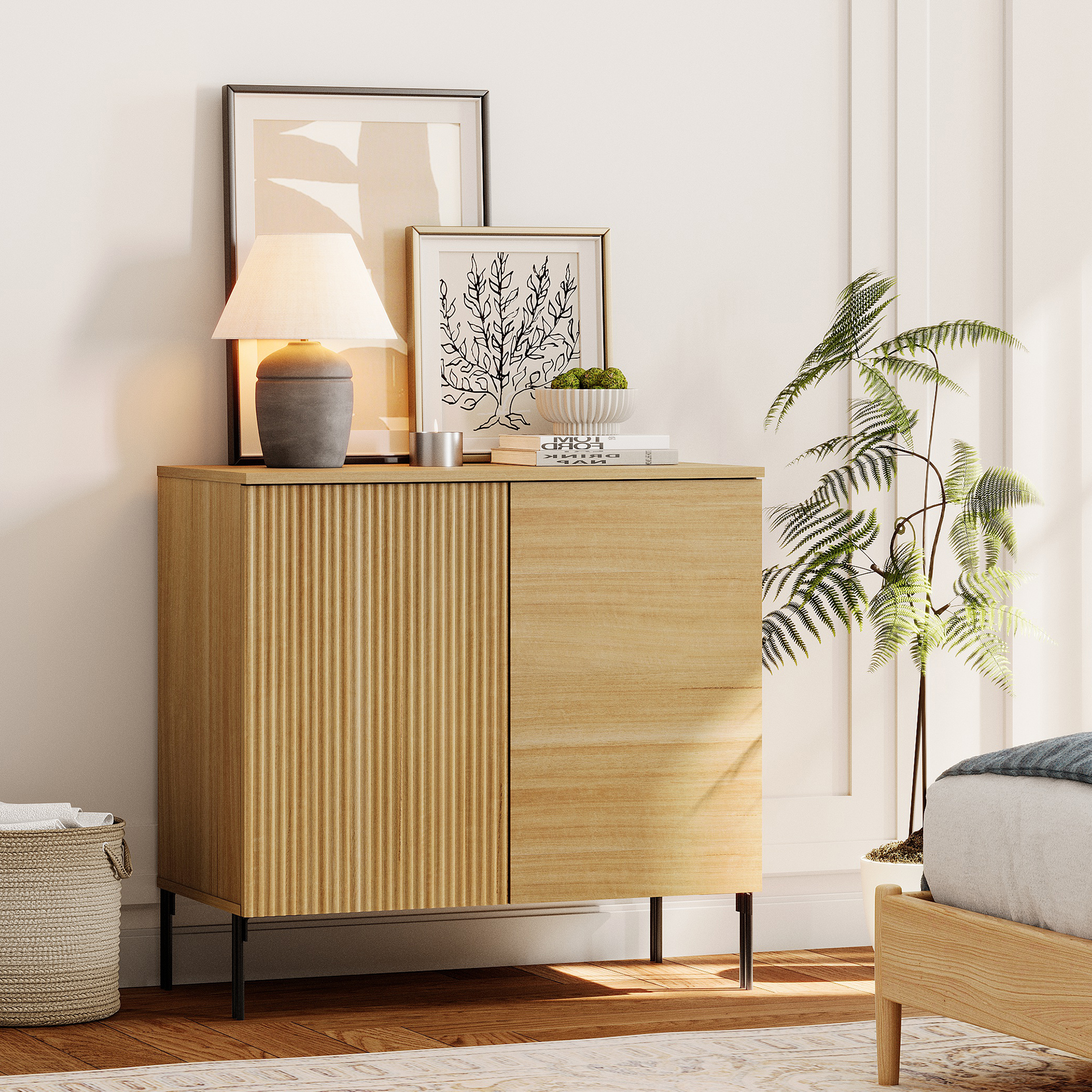 31.5" Modern Wood Reeded Dresser with Doors, Minimalist Dresser Organizer Storage Cabinet for Bedroom,Living room, Entryway