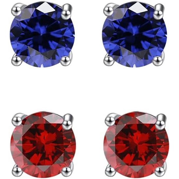Bonjour Jewelers 18k White Gold Plated 3Ct Created Blue Sapphire And Ruby 2 Pair Round Stud Earrings