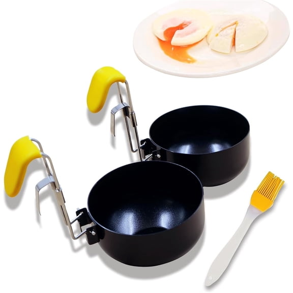 NOGIS 2 Pcs Folding Egg Poacher Stainless Steel Fried Egg Ring Non-Stick Poached Egg Pan with Oil Brush and Foldable Handle for Fried Eggs Sandwiches Pancakes Breakfast