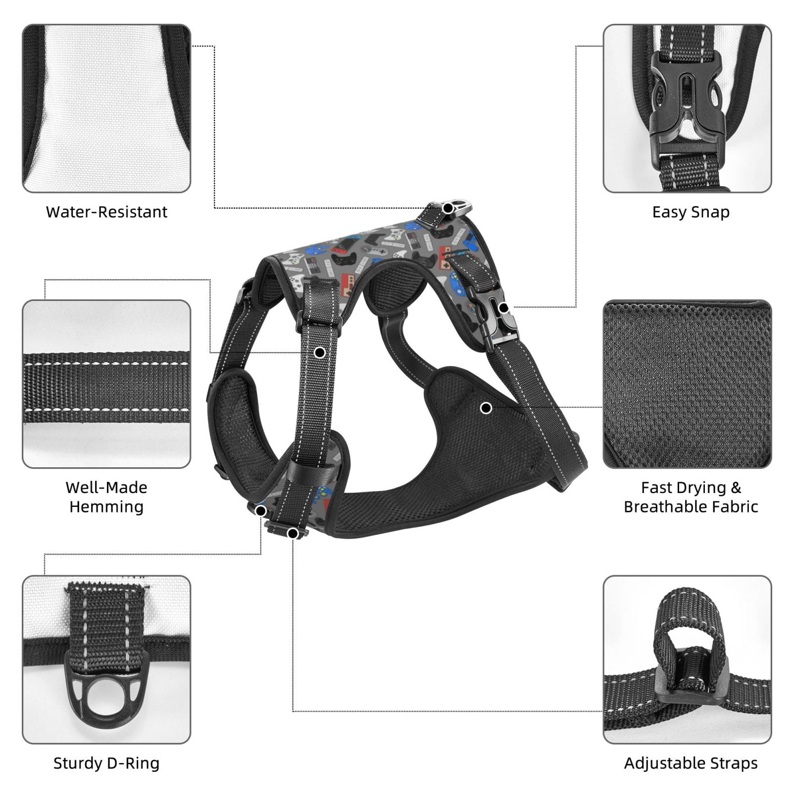 Kdxio Video Game Print No Pull Dog Harness Adjustable Reflective Oxford Easy Control Medium Large Dog Harness for Training and Everyday-Small