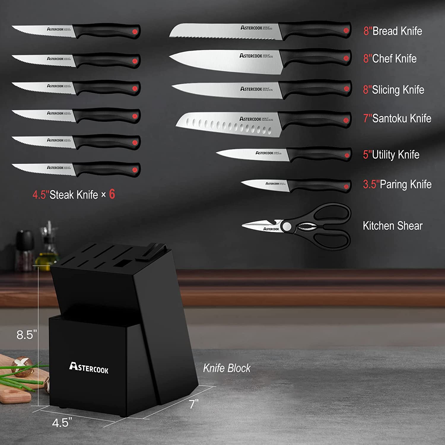 Astercook Steak Knife, Steak Knives Set of 6 with Sheath, Dishwasher Safe  High Carbon Stainless Steel Steak Knife with Cover, Black