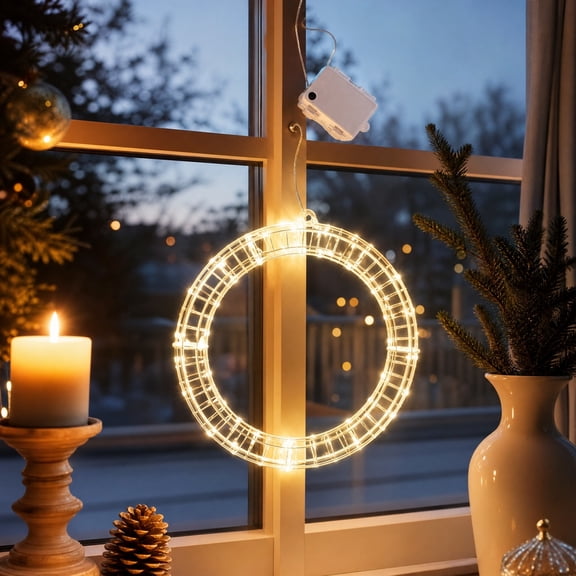 12" LED Wire Wreath Window Hanging Lights, Battery Operated LED Christmas Window Lights with Suction Cup, Indoor Window Door Wall Hanging Ornament for Christmas Thanksgiving Halloween Holiday Decor