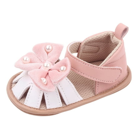 

Toddler Sandals Summer Children Flat Bottom Lightweight Breathable Hook Loop Bow Pearl Shoes Pink 13 12M-18M