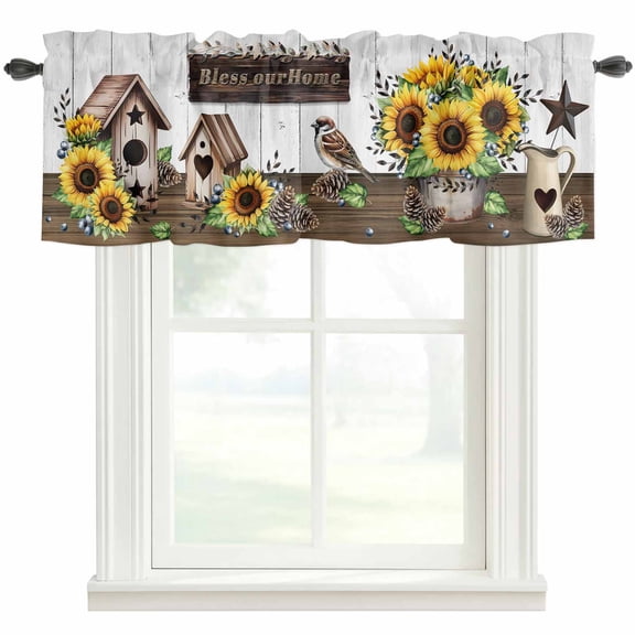 Yellow Sunflowers Farmhouse Short Window Curtain Valances, Western Star Farmhouse White Wooden Rod Pocket Kitchen Valances for Living Room Bedroom Bathroom Cafe 54" x 18"