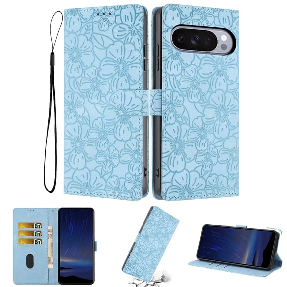 for Google Pixel 10 /10 Pro Wallet Case with Card Holder Credit Card Slots, Premium Flower Pattern PU Leather Case with Flip Kickstand, Full Body Protection Shockproof Magnetic Clasp Cover, Skyblue