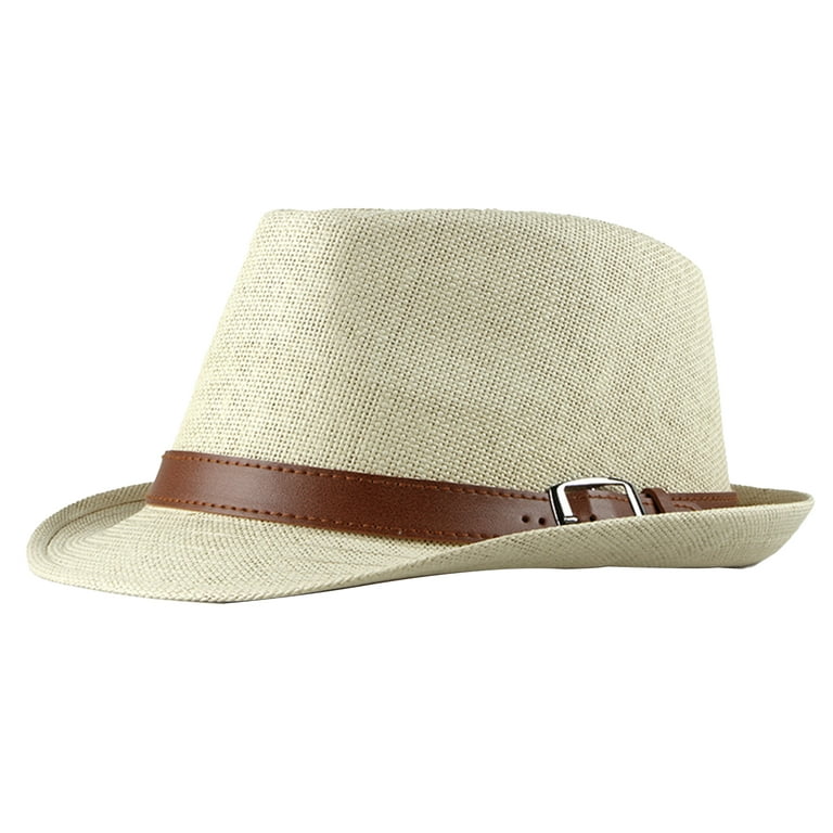 Waroomhouse Men Sun Hat Solid Color Breathable Sun Protection Belt Decor Flat  Top Sunshade Vintage Curled Edge Men Straw Hat Headwear 