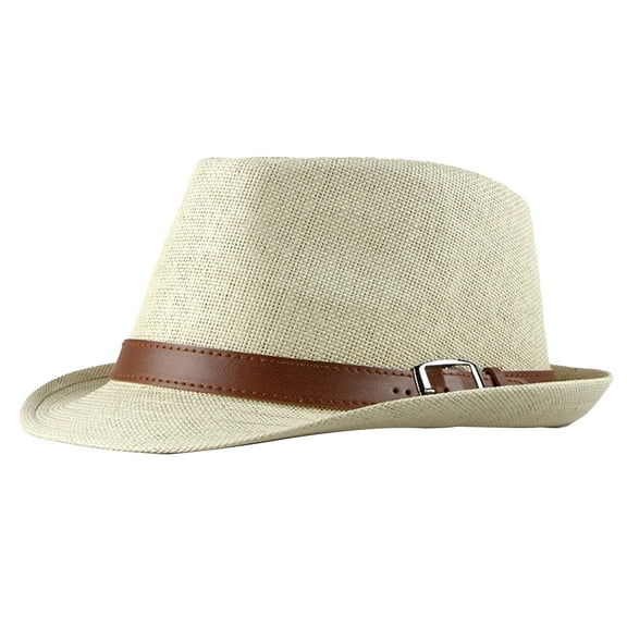 Grandest Birch 2PCS Men Sun Hat Solid Color Breathable Sun Belt Decor Flat Top Sunshade Vintage Curled Edge Men Straw Hat Headwear Beige