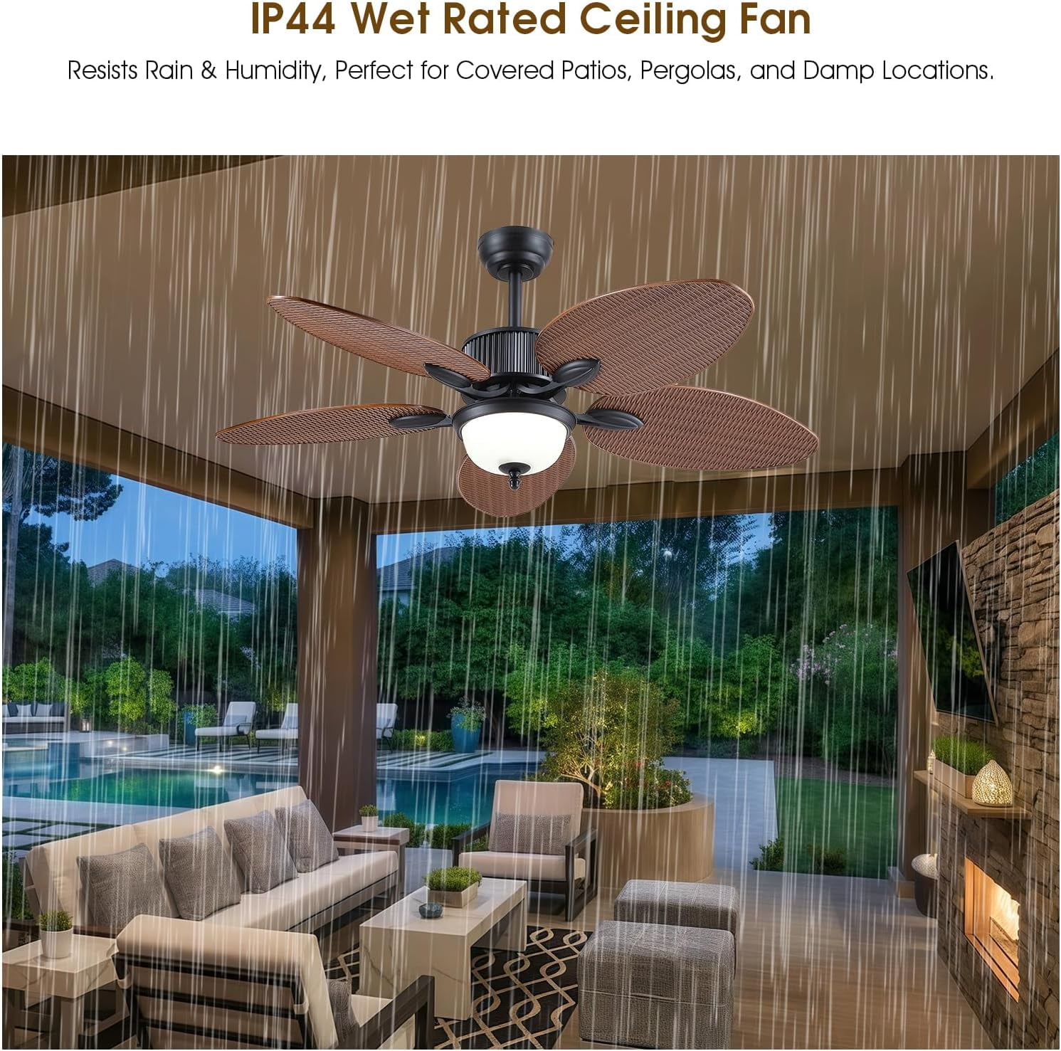 PHORUS 50" Tropical Ceiling Fan with Light and Remote/APP, Outdoor Waterproof Palm Leaf Ceiling Fan, 6 Speeds Quiet DC Motor, Wet Rated for Patio, Porch, Brown