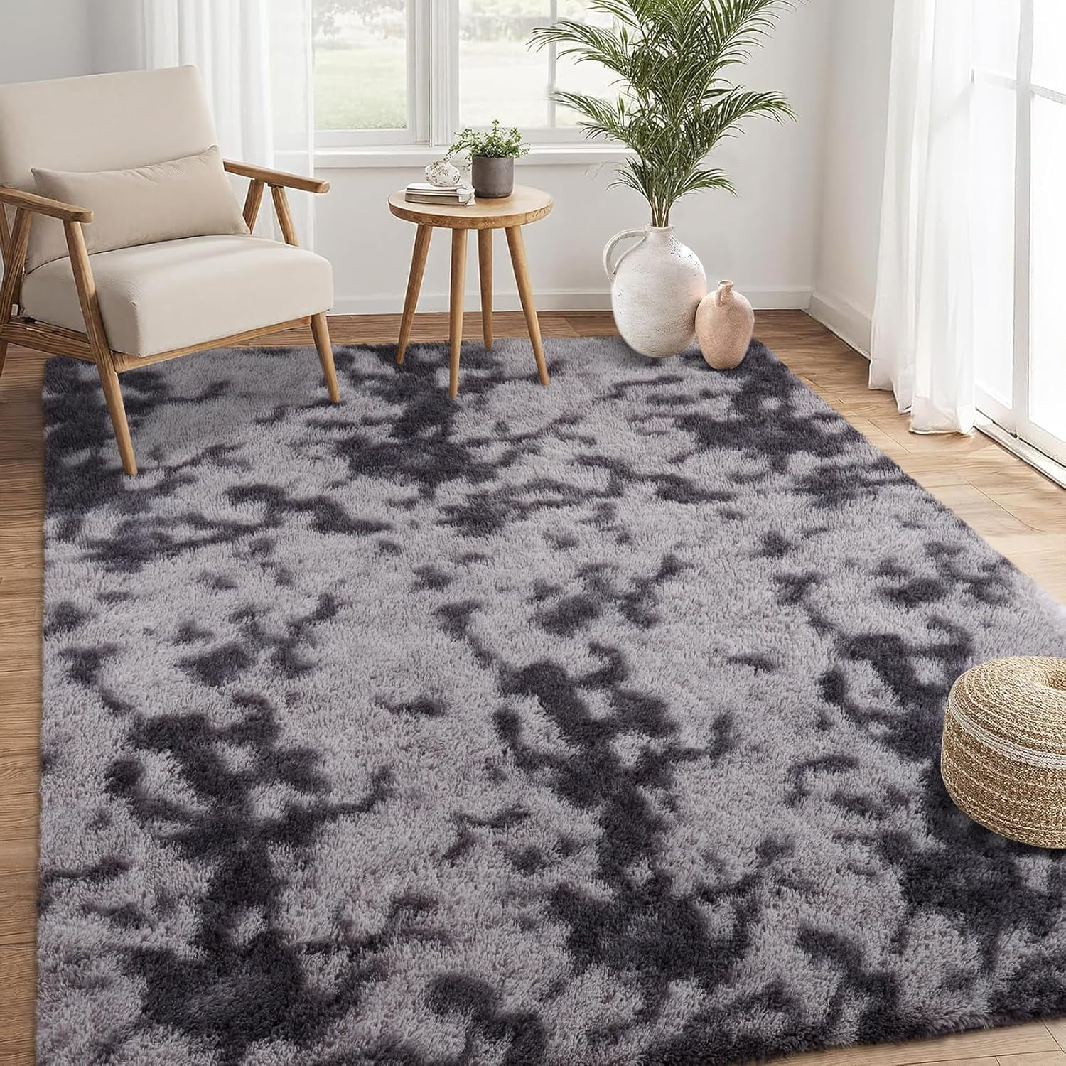 Memoryfield 10' x 13' Area Rug, Tie-Dye Plush Non-Skid Rug, for Bedroom Living Room Nursery, Dark Gray