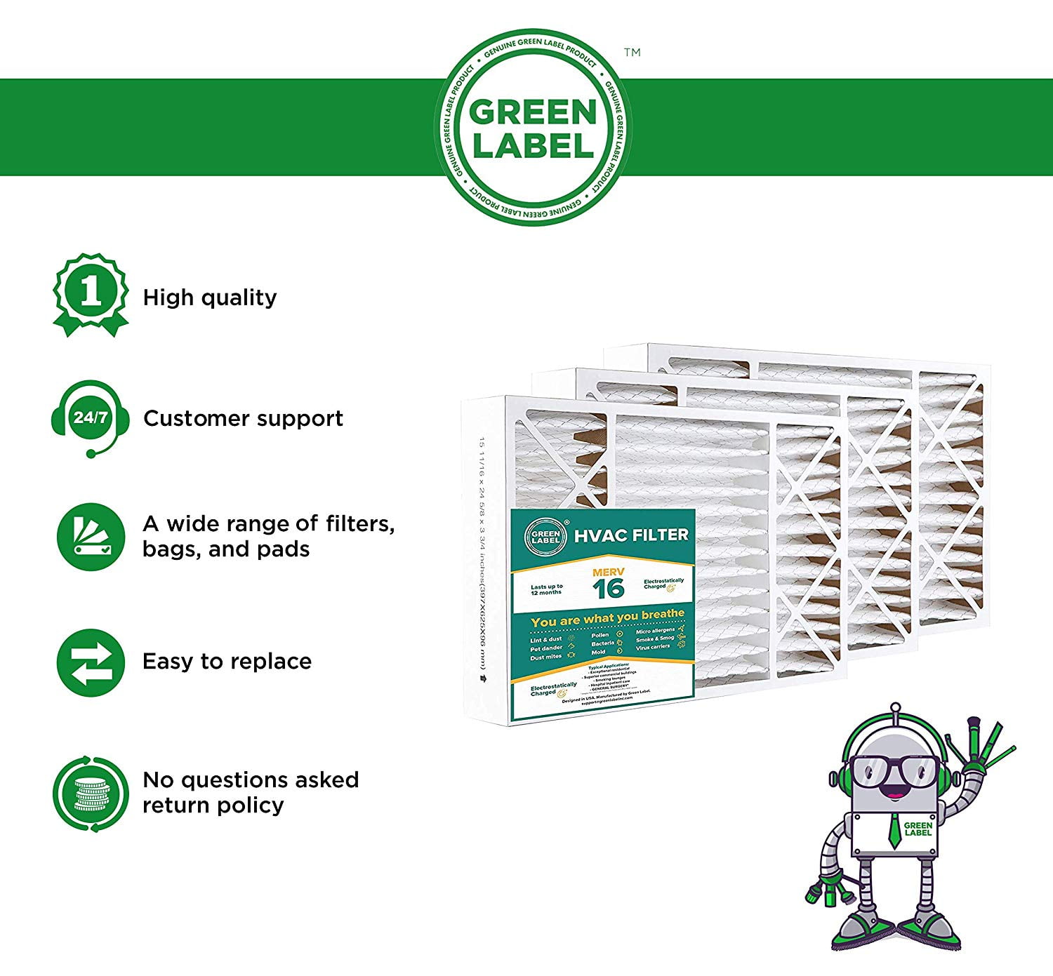 AC Furnace Air Ultra Cleaning Filter MERV 16 Pack of 3 Green Label HVAC Air Filter 16x25x4